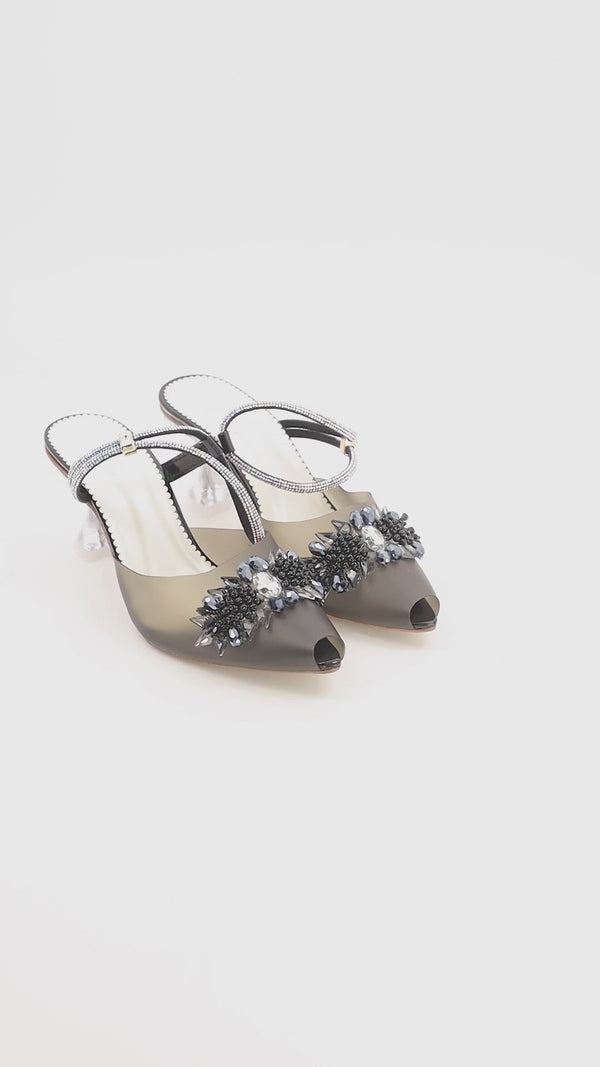 Elegant Black Kitten Peep Toe Embellished Heels with Crystal Accents
