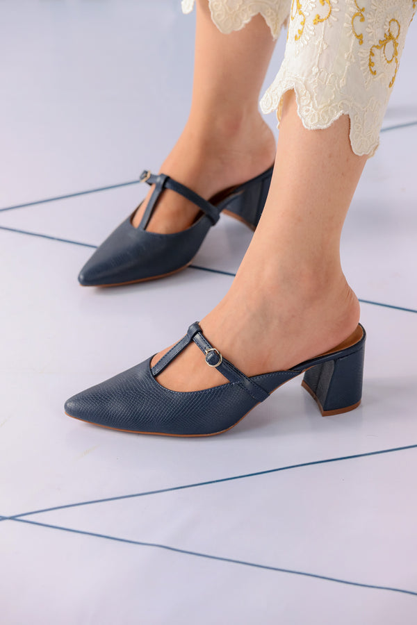 Navy Midnight Charm Women Block Mules Heels Shoes