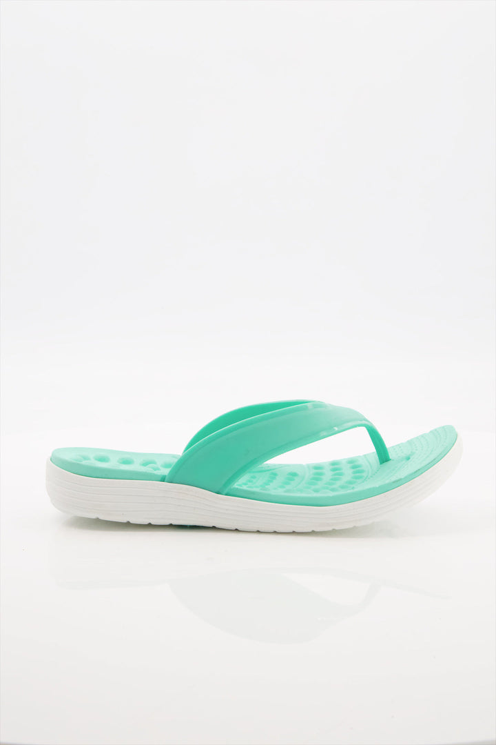 Aqua Breeze Comfort Flip Flops for Girls in teal color, featuring a flat heel and a slip-on design.