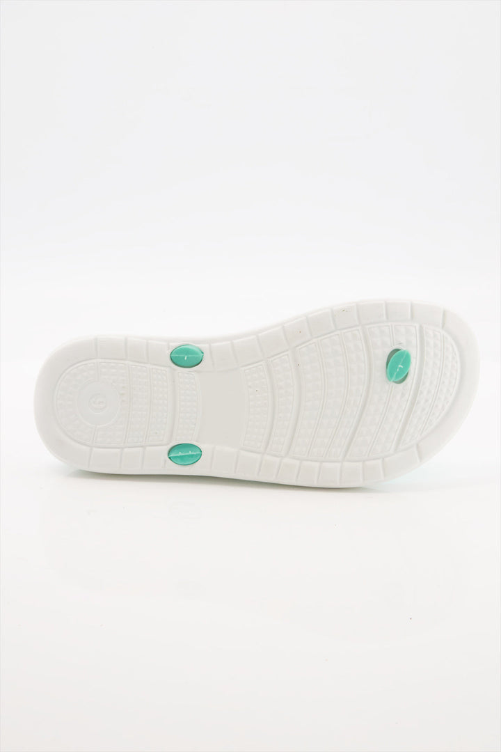 Aqua Breeze Comfort Flip Flops for Girls, featuring a white textured sole with teal accents.