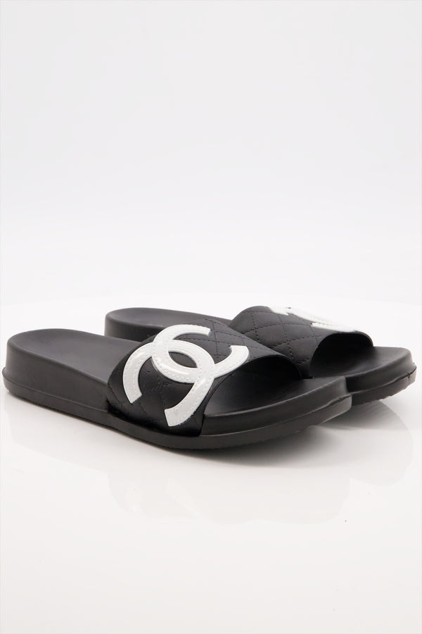 Black Logo Luxe Slides Shoes for Ladies  -  heels.pk - slides women, SMT-WS-SHN-RNL-R-0195-BLACK, Women, WS:1693_6334 - https://heels.pk/collections/new-arrivals/products/buy-black-logo-luxe-slides-shoes-for-ladies-in-pakistan