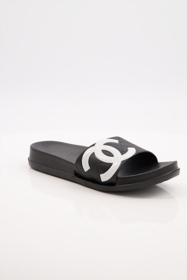 Black Logo Luxe Slides Shoes for Ladies