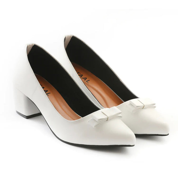 Opole Chic White Block Pumps Heels with Bow