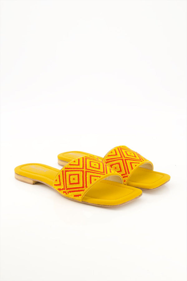 Sunburst Delight Premium Yellow Beaded Slides for Ladies  -  heels.pk - Flats, slides women, SMT-AS-BJ-0020-YELLOW, WS:1877_5536 - https://heels.pk/collections/new-arrivals/products/buy-sunburst-delight-premium-yellow-beaded-slides-for-ladies