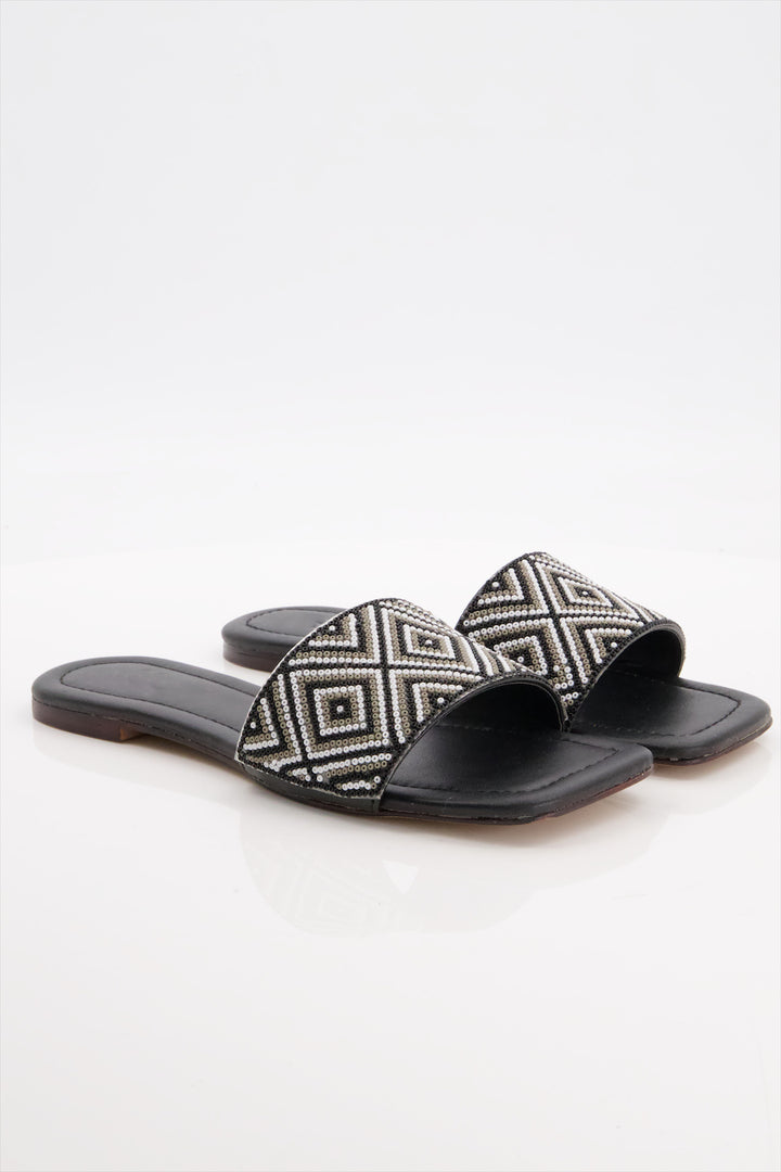 Midnight Elegance Premium Black Beaded Slides Shoes for Women