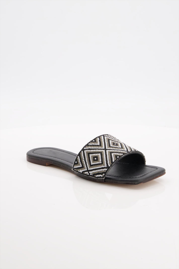 Midnight Elegance Premium Black Beaded Slides Shoes for Women