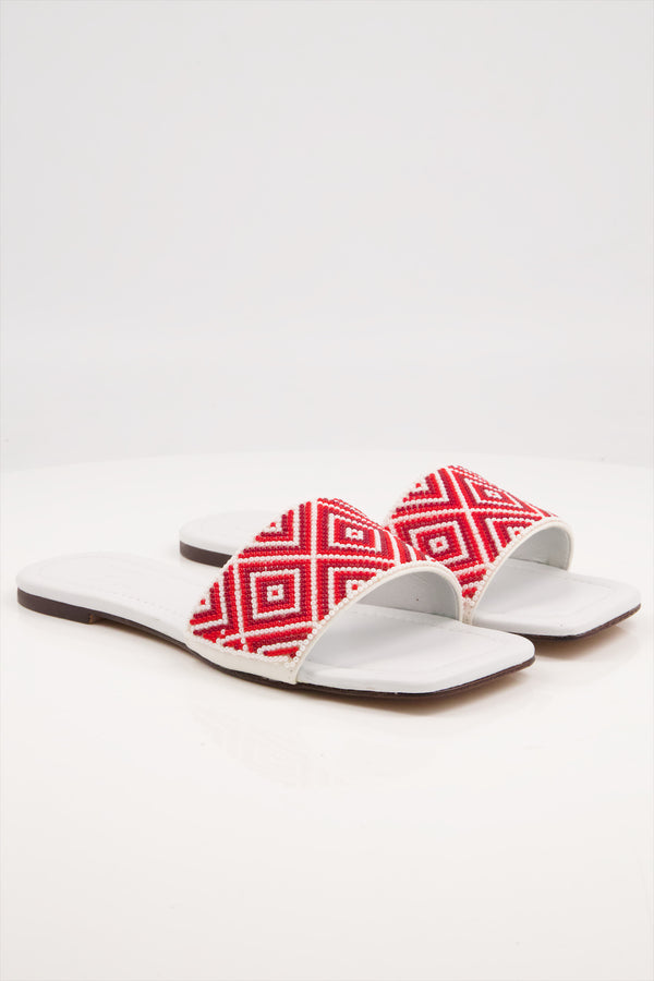 Festive Flair Premium Red & White Beaded Slides Shoes Girls  -  heels.pk - Flats, slides women, SMT-AS-BJ-0020-WHITE, WS:1890_5531 - https://heels.pk/collections/new-arrivals/products/buy-festive-flair-premium-red-white-beaded-slides-shoes-girls