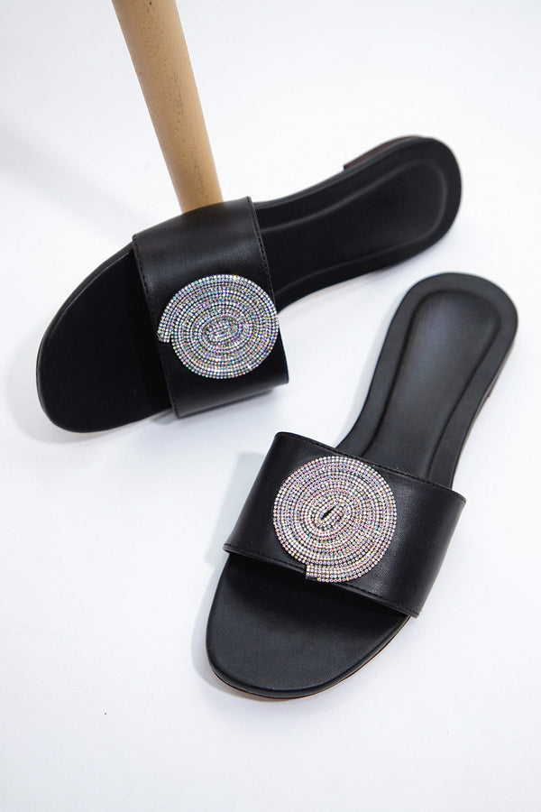 Elegant Radiance Premium Black Slides for Ladies  -  heels.pk - Flats, slides women, SMT-AS-BJ-AN-4120-BLACK, WS:1900_5526 - https://heels.pk/collections/new-arrivals/products/buy-elegant-radiance-premium-black-slides-for-ladies