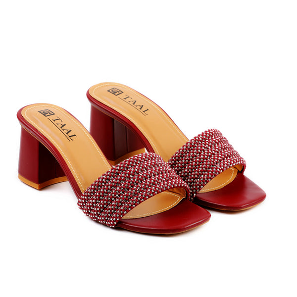 Coral Maroon Beaded Block Heels Chappal  -  heels.pk - 4CHP018-MRN-36-47953, block heel, Heels, maroon heel, WS:6976_4796 - https://heels.pk/collections/new-arrivals/products/buy-coral-maroon-women-block-heel-slippers-in-pakistan