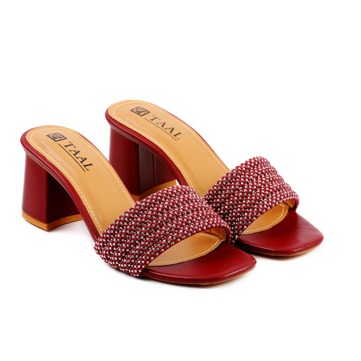 Coral Maroon Beaded Block Heels Chappal