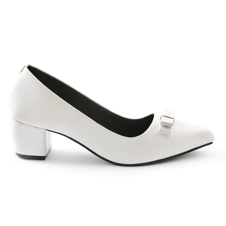 Opole Chic White Block Pumps Heels with Bow