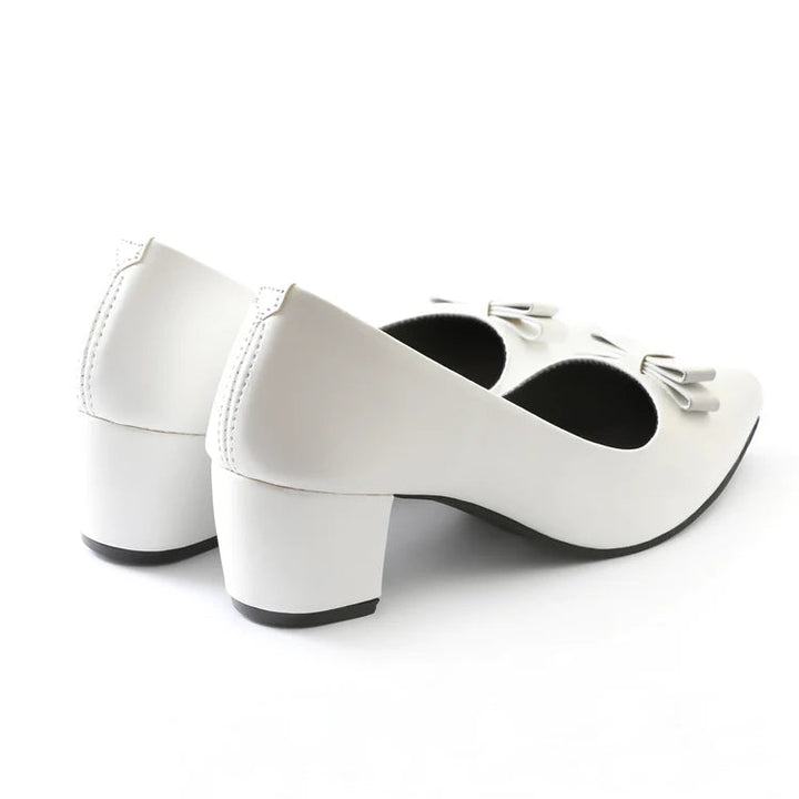 Opole Chic White Block Pumps Heels with Bow