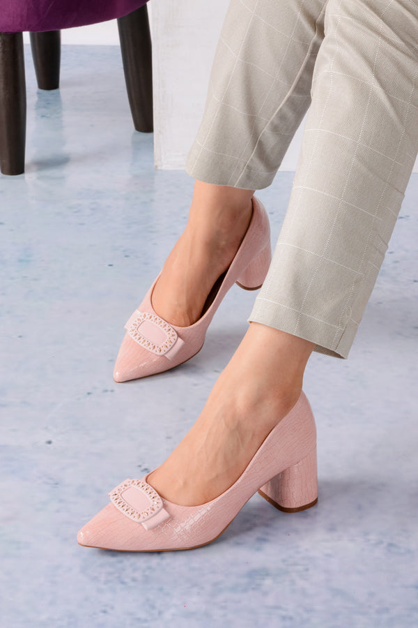 Tea Pink Elegant Blossom Women Block Pump Heels Shoes