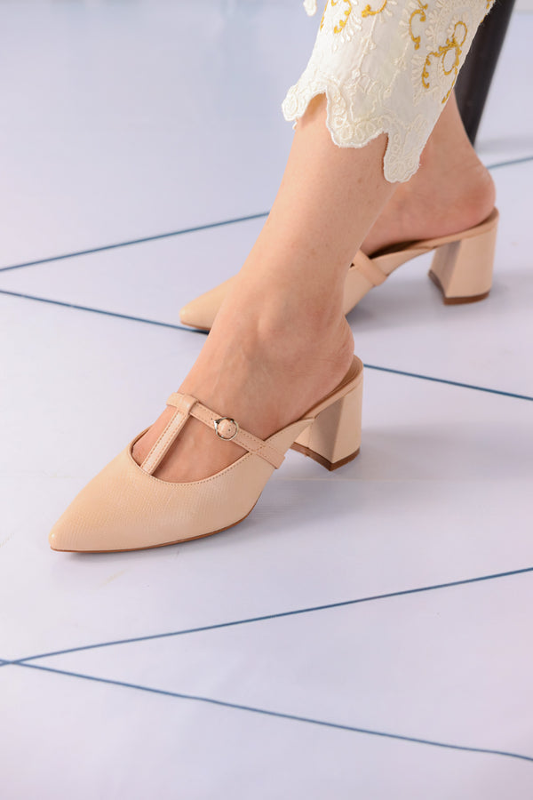 Beige Sand Dune Block Mules Heels for Women