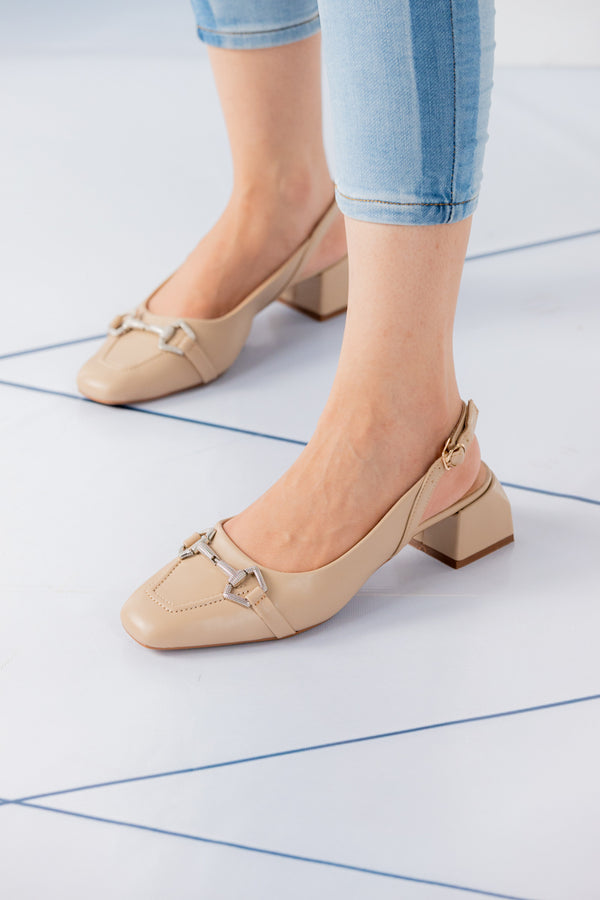 Beige Grace Block Slingback Heels for Women