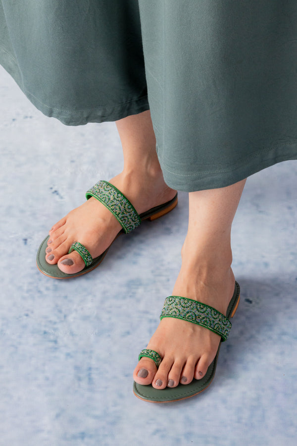 Women GREEN slides shoes flats