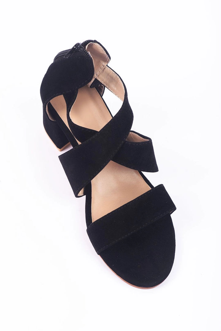 Sophisticated Black Cross Strap Block Heels  -  heels.pk - black heels, block heels, strappy heel, Wings Wear, WW-9105-BLACK - https://heels.pk/collections/new-arrivals/products/women-stylish-black-zippers-heel