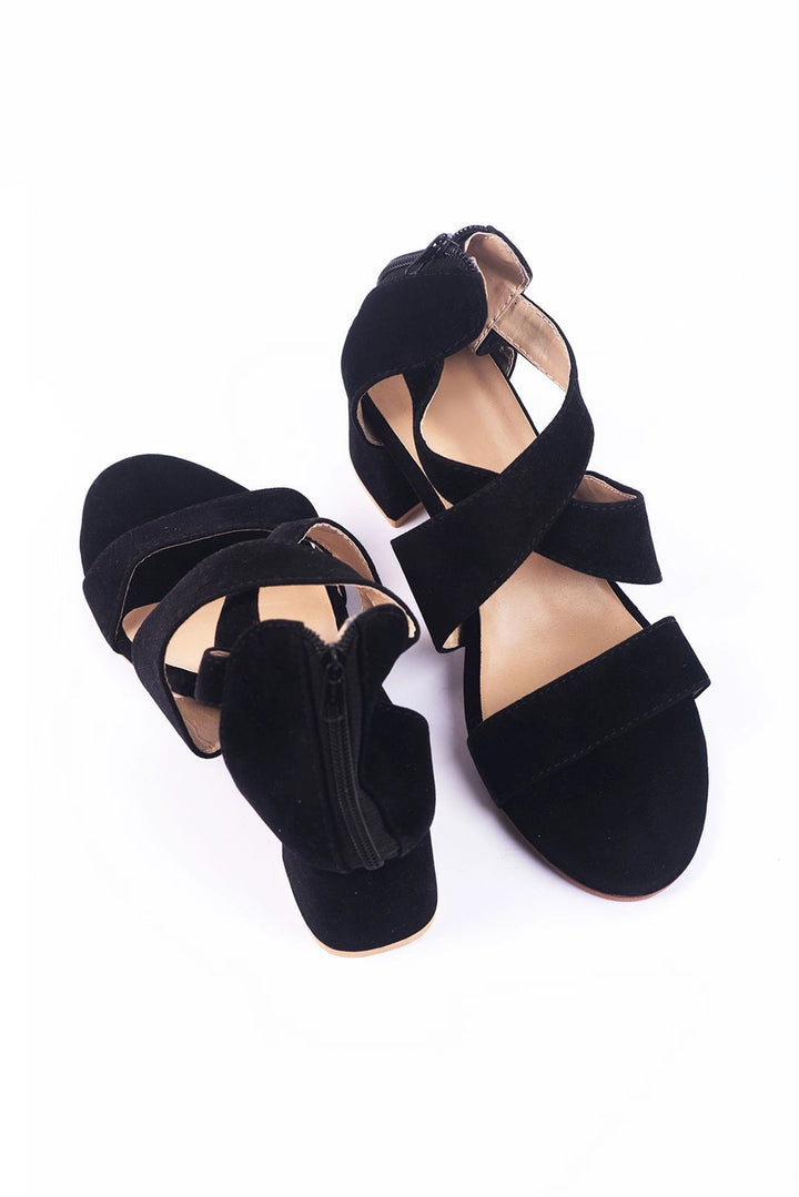 Sophisticated Black Cross Strap Block Heels  -  heels.pk - black heels, block heels, strappy heel, Wings Wear, WW-9105-BLACK - https://heels.pk/collections/new-arrivals/products/women-stylish-black-zippers-heel