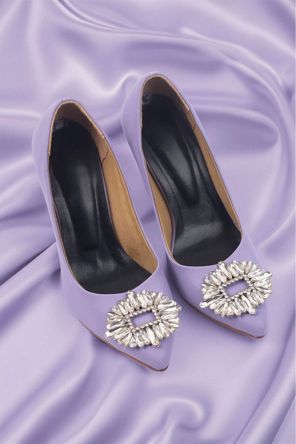 Chic Lilac Block Heel Pumps with Sparkling Embellishments  -  heels.pk - block heels, pump heels, purple heel, WW-9224-PURPLE - https://heels.pk/collections/new-arrivals/products/women-stylish-purple-fancy-block-heel