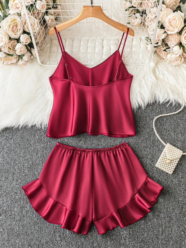 Solid Cami Top & Ruffle Hem Shorts