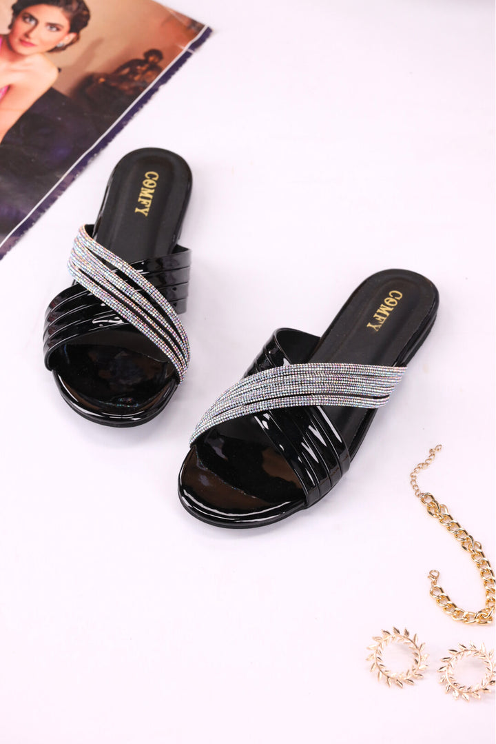 Glossy Black Slides for Girls