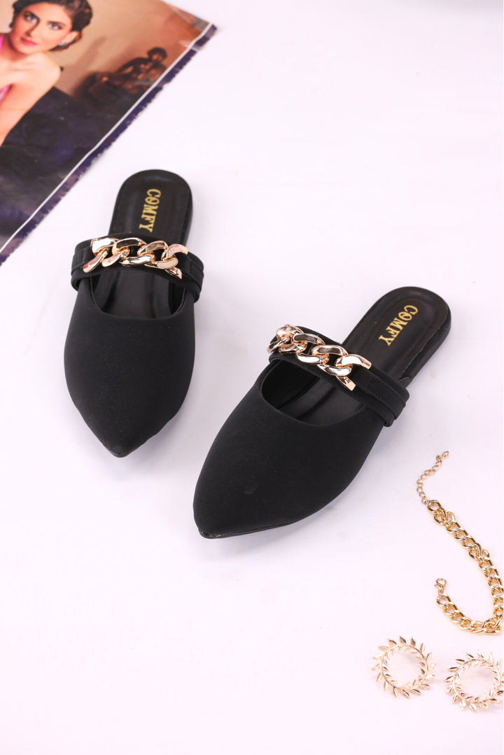 Midnight Glide Black Synthetic Leather Mules Shoes for Women