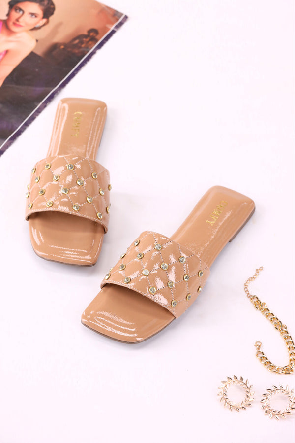 Golden Dazzle Glamorous Tan Slides Shoes Girls  -  heels.pk - BF-106-TAN, slides women, Women, WS:40331_5799 - https://heels.pk/collections/new-arrivals/products/buy-golden-dazzle-glamorous-tan-slides-shoes-girls-online