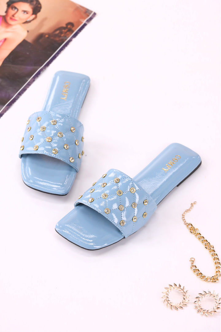 Glamorous Dark Teal Sparkle Slides Shoes Ladies