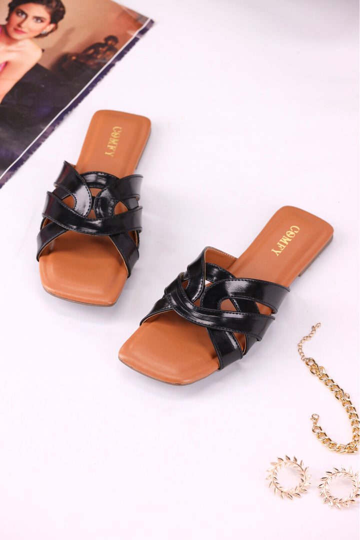 Midnight Elegance Glossy Black Slides Shoes for Ladies