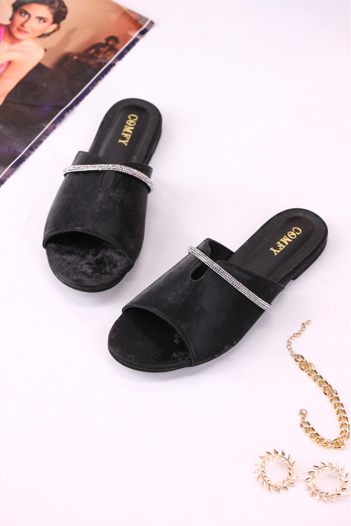 Midnight Shine Elegant Black Slides Shoes for Girls