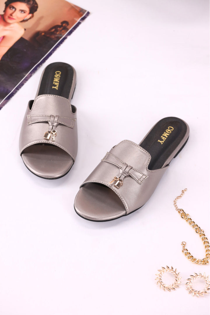 Elegant Matte Gray Synthetic Leather Slides Shoes Ladies