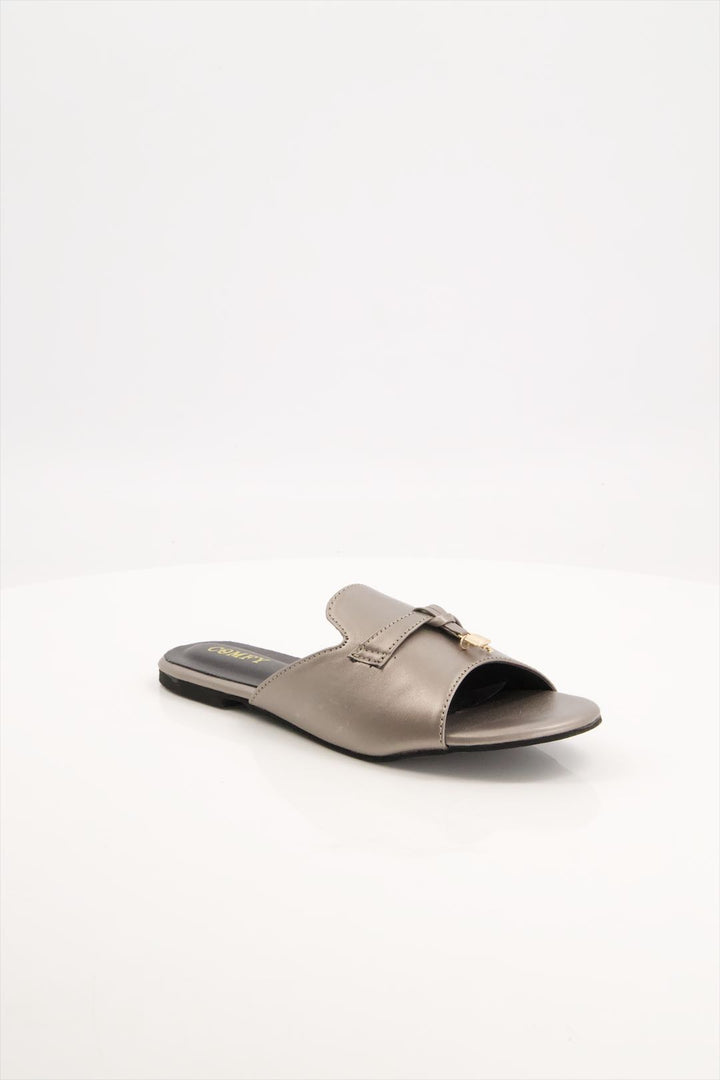 Elegant Matte Gray Synthetic Leather Slides Shoes Ladies