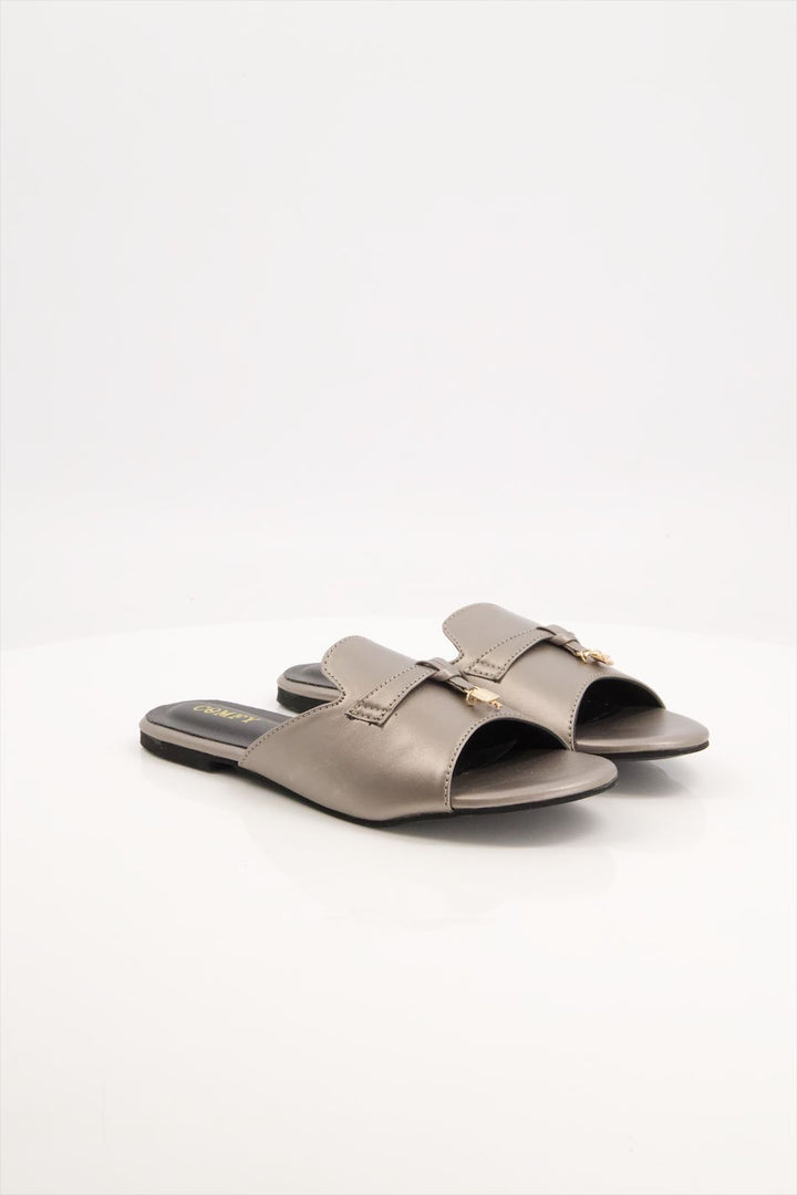 Elegant Matte Gray Synthetic Leather Slides Shoes Ladies