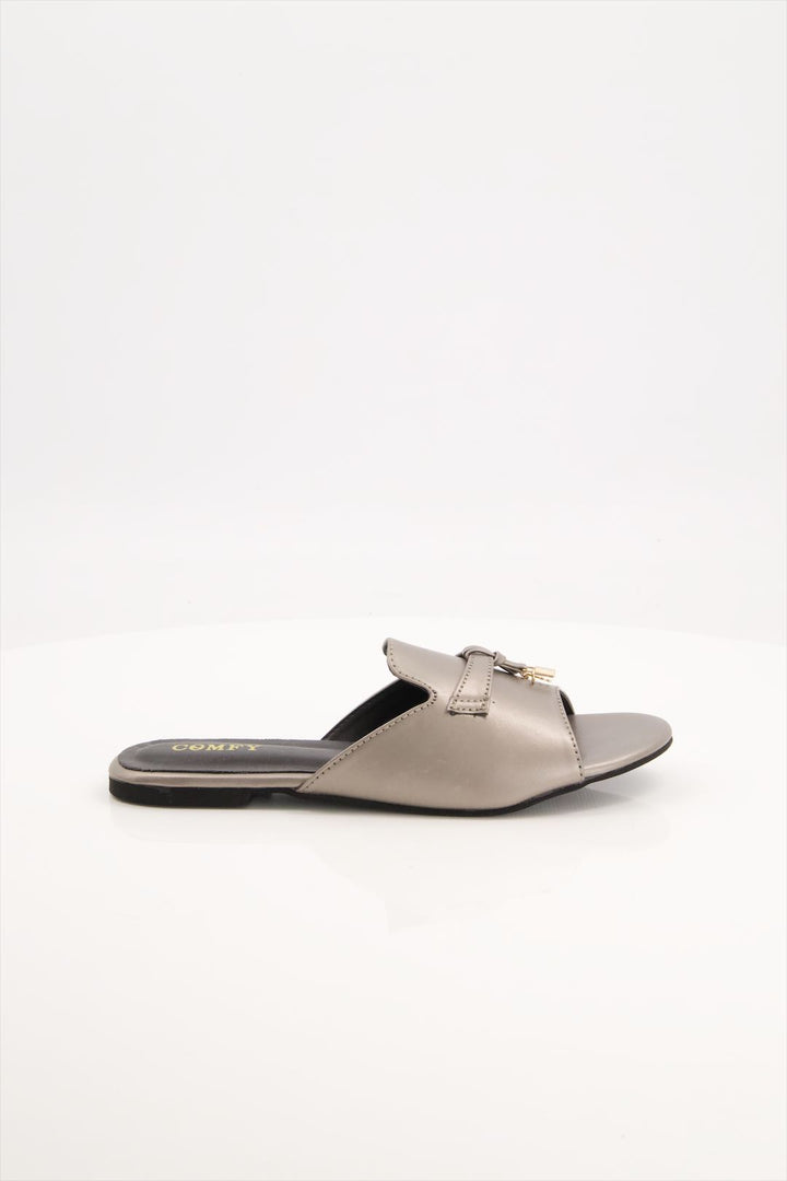 Elegant Matte Gray Synthetic Leather Slides Shoes Ladies