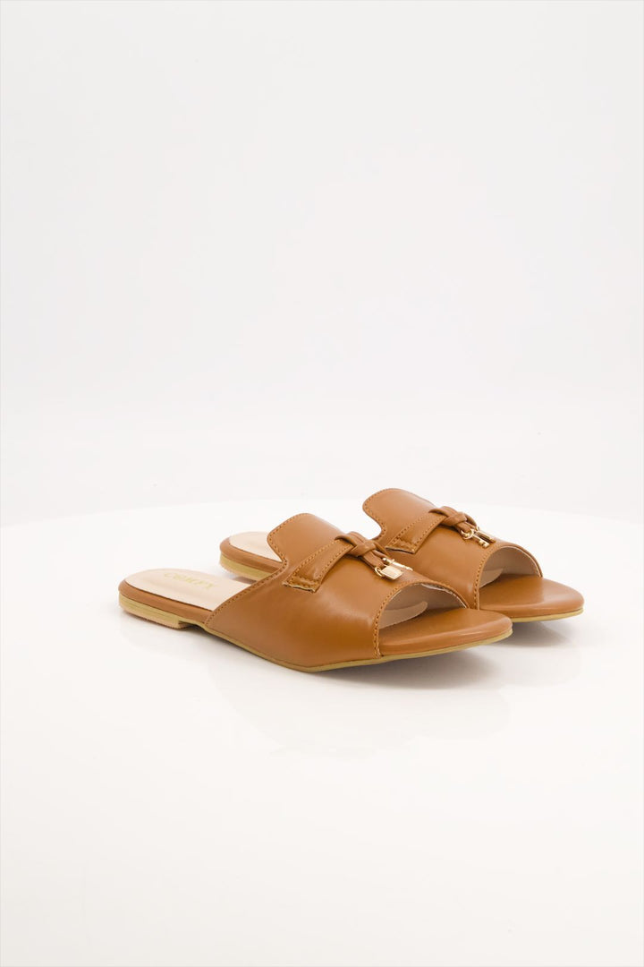 Amber Glow Tan Synthetic Leather Slides Shoes for Girls