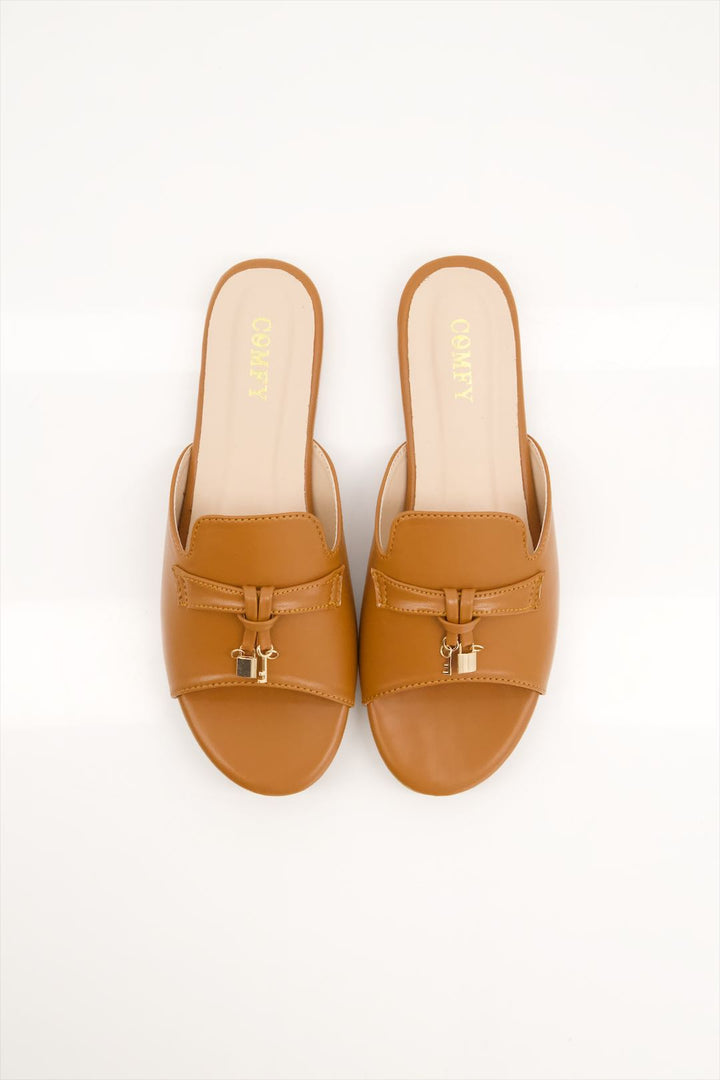 Amber Glow Tan Synthetic Leather Slides Shoes for Girls