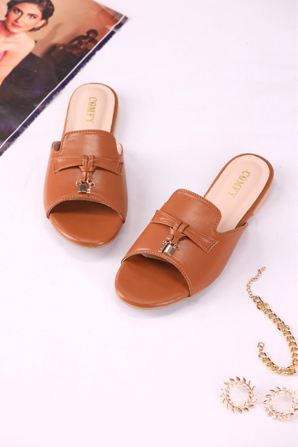 Amber Glow Tan Synthetic Leather Slides Shoes for Girls  -  heels.pk - BF-109-TAN, slides women, Women, WS:40336_5795 - https://heels.pk/collections/new-arrivals/products/buy-amber-glow-tan-synthetic-leather-slides-shoes-for-girls