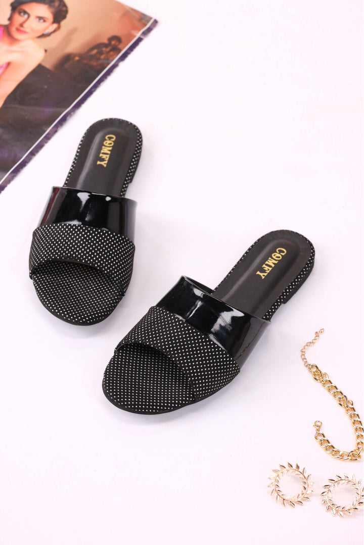 Noir Elegance Stylish Glossy Black Slides Shoes Women