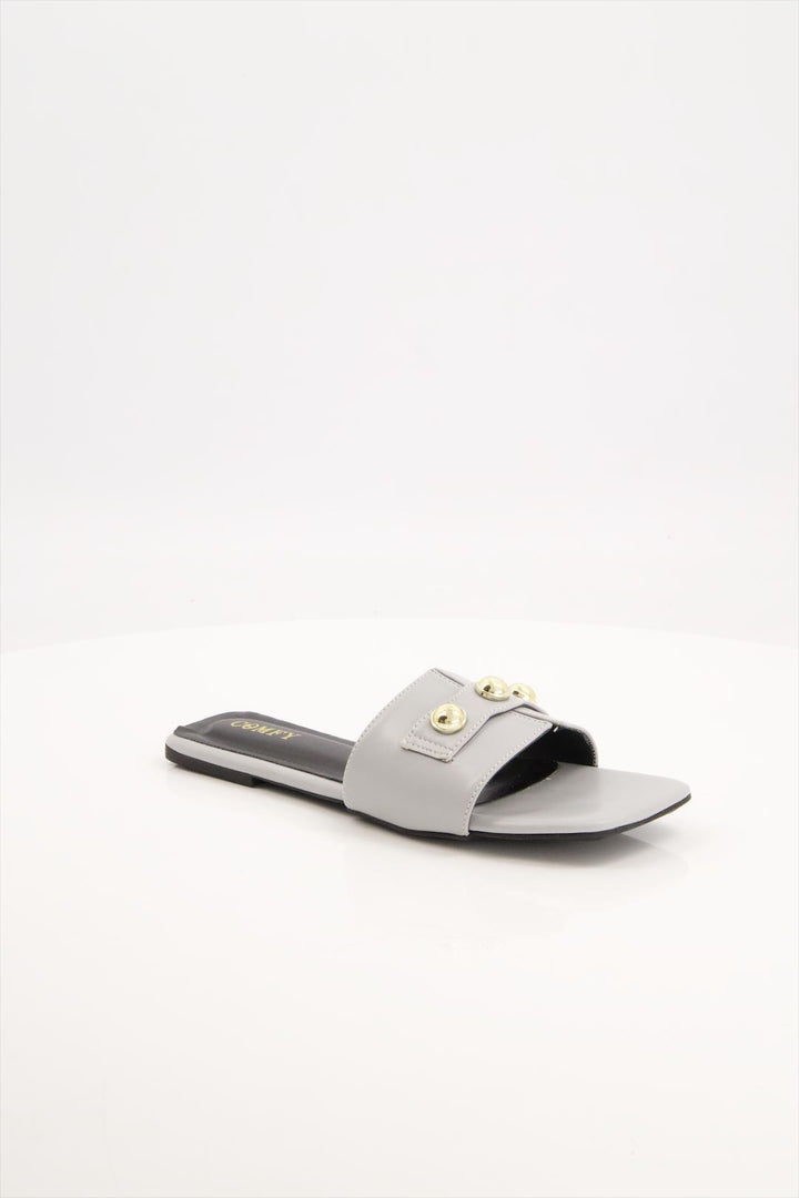 Chic Grey Synthetic Leather Slides for Ladies