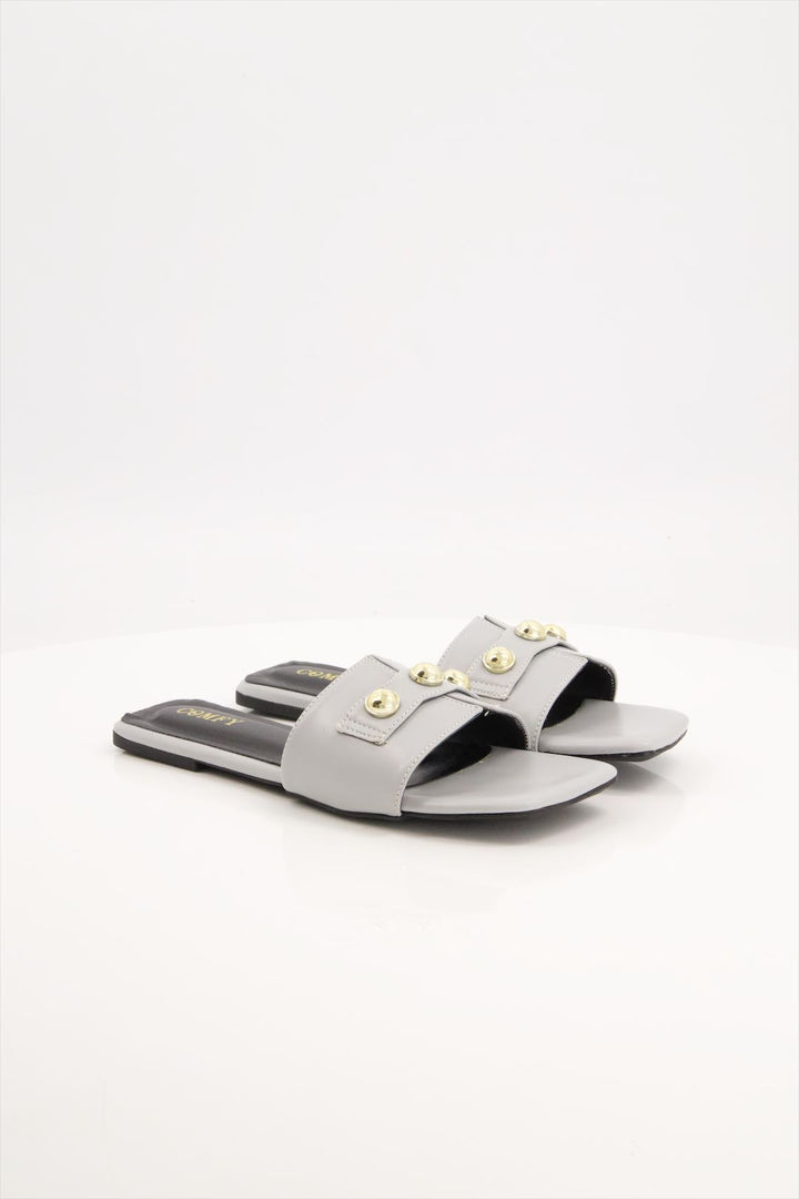 Chic Grey Synthetic Leather Slides for Ladies