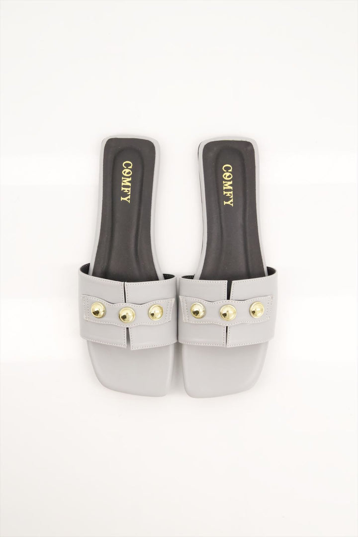 Chic Grey Synthetic Leather Slides for Ladies