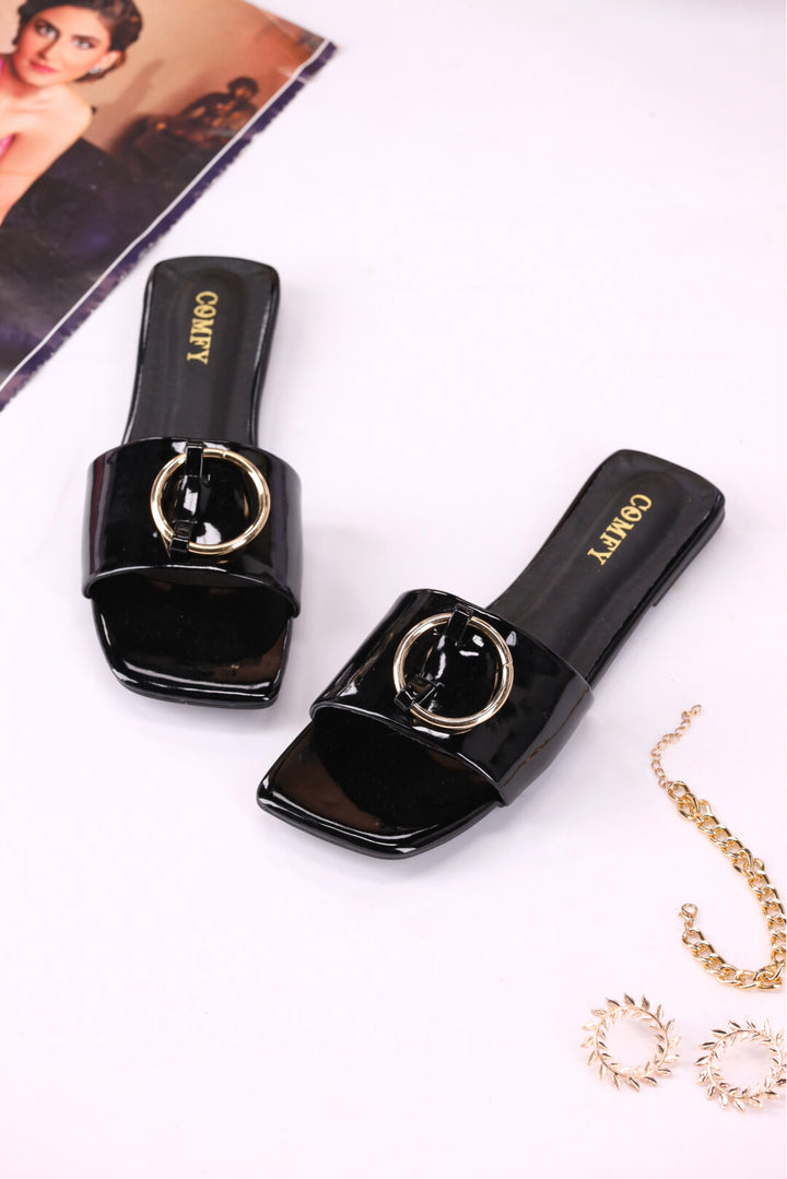 Elegant Glossy Black Synthetic Leather Slides for Girls