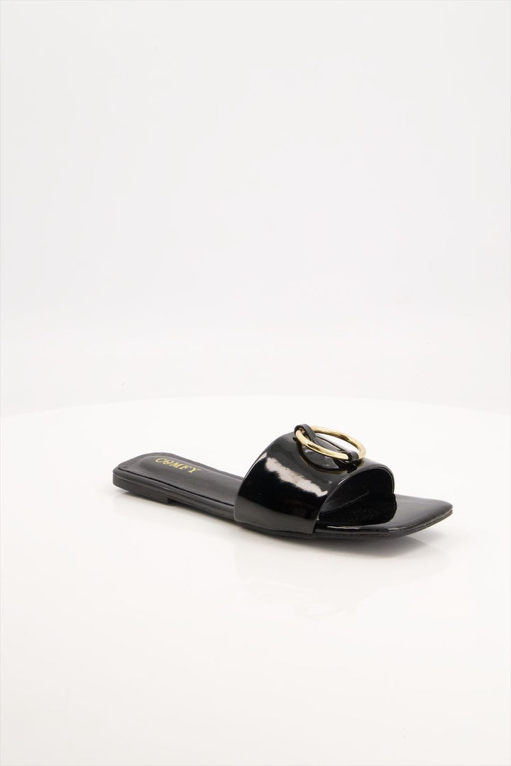 Elegant Glossy Black Synthetic Leather Slides for Girls