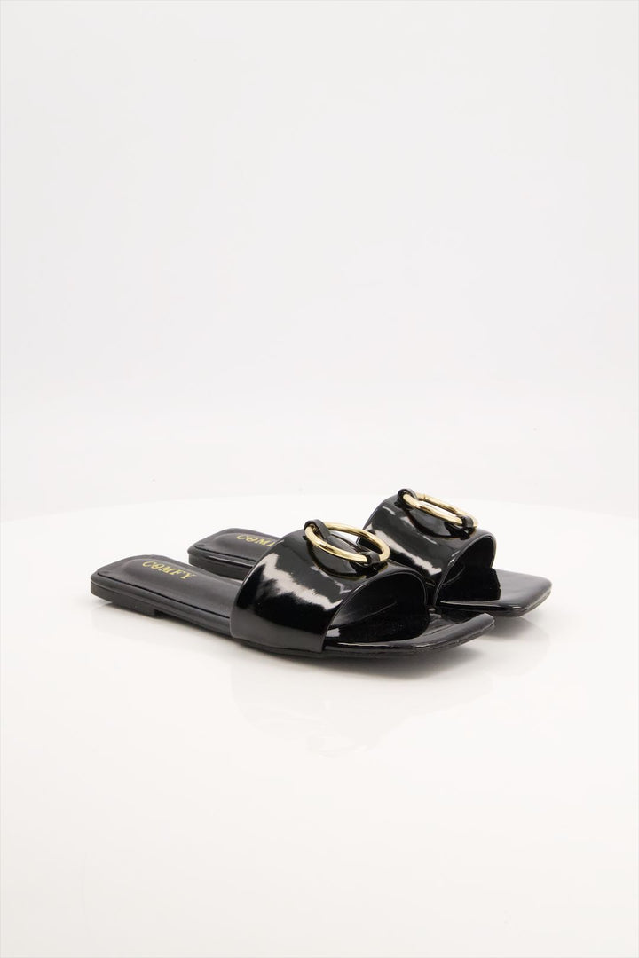 Elegant Glossy Black Synthetic Leather Slides for Girls