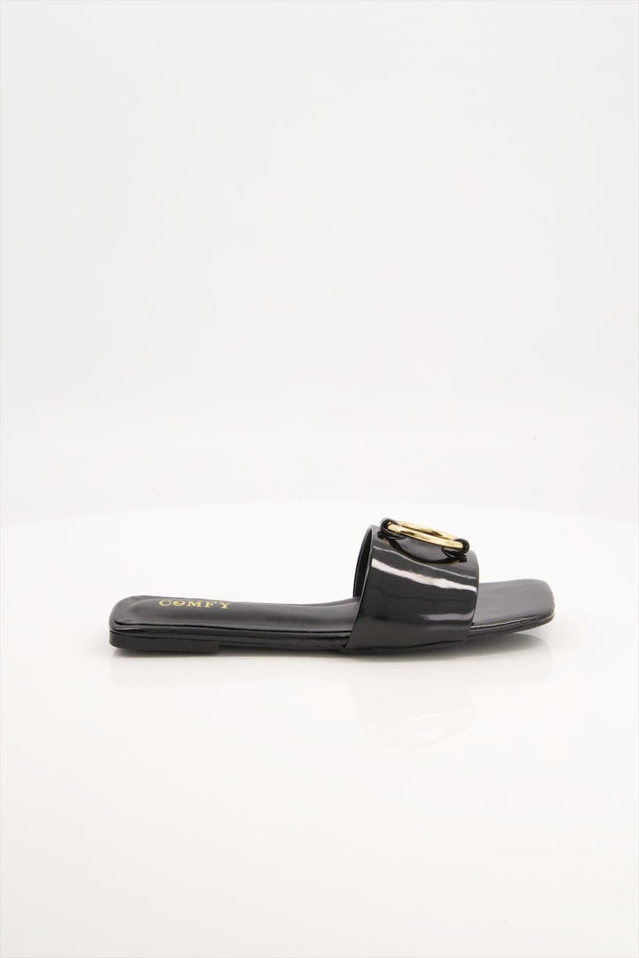 Elegant Glossy Black Synthetic Leather Slides for Girls