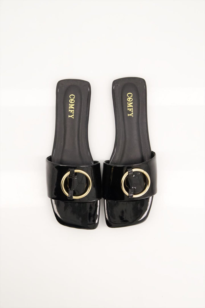 Elegant Glossy Black Synthetic Leather Slides for Girls