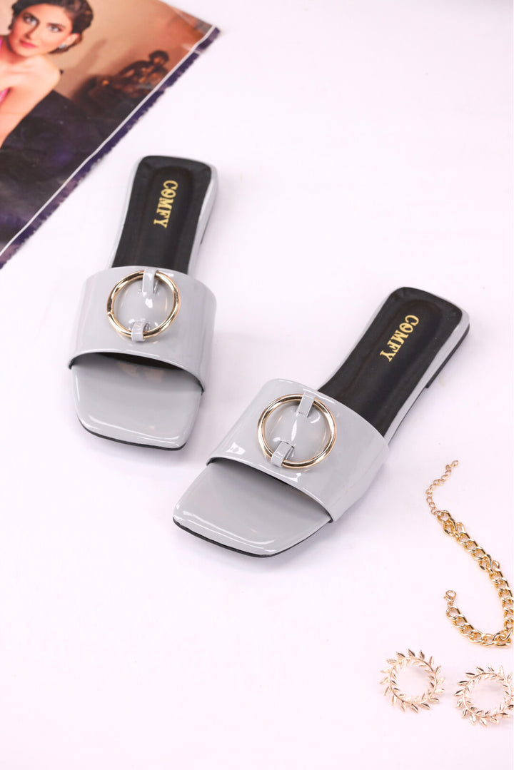 Elegant Grey Synthetic Leather Slides Shoes for Ladies