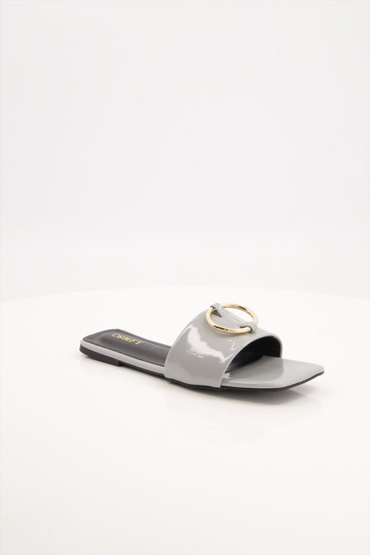 Elegant Grey Synthetic Leather Slides Shoes for Ladies