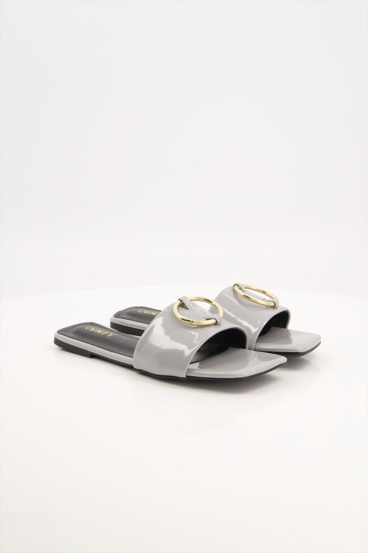 Elegant Grey Synthetic Leather Slides Shoes for Ladies