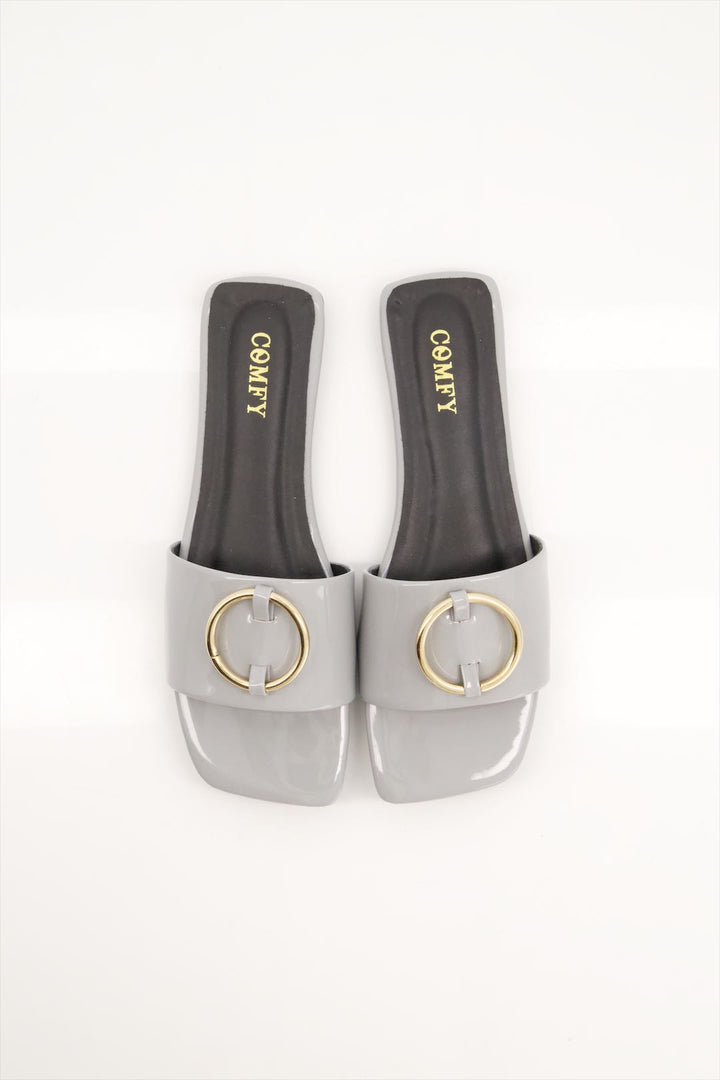 Elegant Grey Synthetic Leather Slides Shoes for Ladies